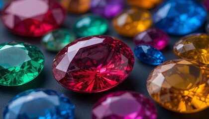 Multiple shiny gems with various colors and shapes are spread out on a dark surface. Light reflects off the stones, highlighting their features and creating a vibrant display
