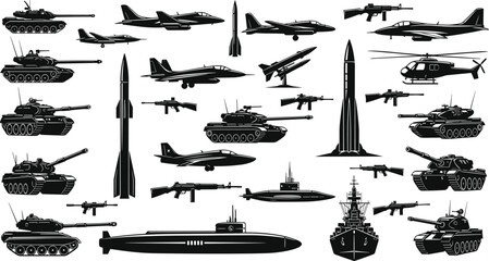 Military equipment silhouettes collection, tanks fighter jets submarines missiles rifles warship helicopter, army weapons, defense technology, combat vehicles, vector set © Mst
