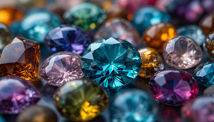 Many gemstones are scattered on a surface. Each gemstone has a unique color and shape. The light reflects off their surfaces, creating a vibrant display