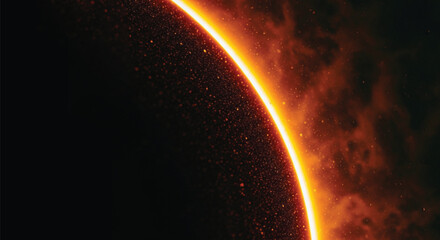 Glowing orange and red planet partially visible on the left, surrounded by a dark starry space. The atmosphere appears fiery and intense, conveying a sense of cosmic wonder. © Sham
