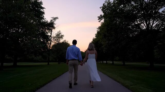 Interracial couple walking away holding hands on a park path during a beautiful sunset. A romantic panoramic sequence showing the journey of a young man and woman together