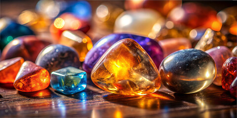 Many different gemstones are placed together on a wooden surface. The stones show various colors and shapes under bright natural light, creating a vibrant scene