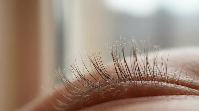 Close up macro photograph focuses on a human eyelid and eyelashes Soft natural light illuminates delicate features creating a tranquil and intimate portrait of human anatomy