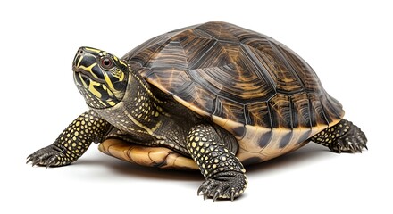 Obraz premium A vibrant turtle with a brown and yellow shell is walking on a white background