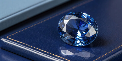 A blue gemstone rests on a blue leather surface. The stone has a smooth surface and reflects light clearly. Sunlight shines on the surface, creating a bright look