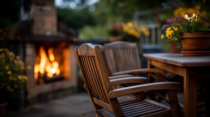 Obraz premium Wooden furniture in garden against backdrop of fire on patio outdoor fireplace or fire pit backyard ambiance evening warmth residential entertaining cozy atmosphere