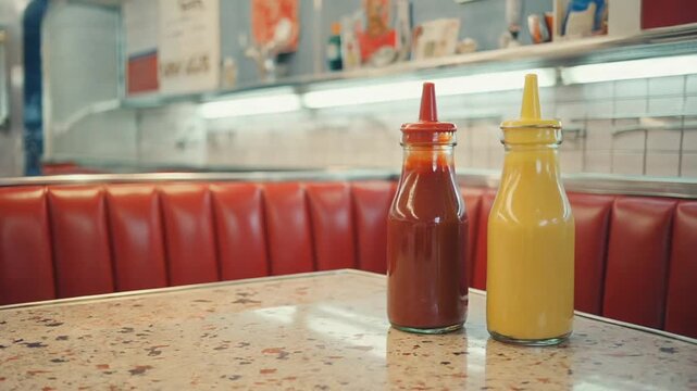 Ketchup and mustard bottles in a restaurant.