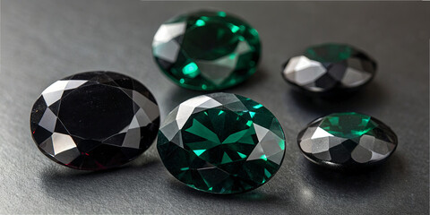 Several green and black gemstones sit on a dark surface, reflecting light. They vary in shape and size, showing different cuts and sparkle in a bright room