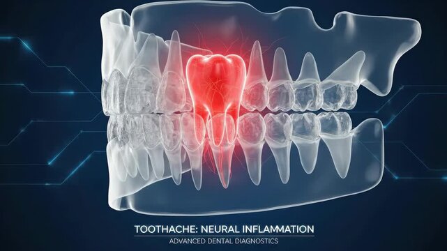 A glowing red toothache highlights neural inflammation within a transparent jawbone Digital circuits suggest a scientific or medical context Pain concept focused