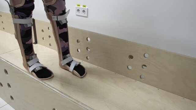 Patient using specialized lower limb orthosis braces while walking along a supportive wooden rehabilitation walkway in a clinical physical therapy setting.
