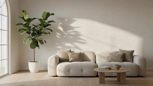 Bright minimalist living room with white sofa beige pillows wooden coffee table green plant and soft natural light creating a cozy serene atmosphere