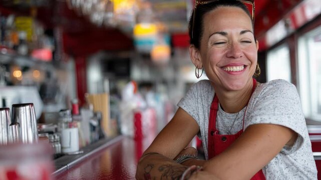 Smiling woman at retro diner counter, wearing red polka dress and layered necklaces, visible arm tattoo, warm ambient lights and red stools in blurred