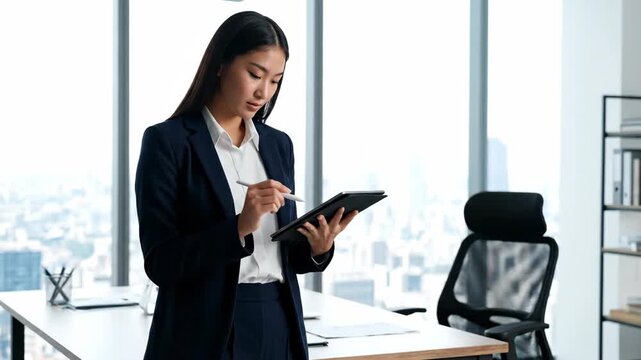 Composite image showing a sequence of a young asian businesswoman using a tablet in a modern office. Professional female manager working on a project and smiling with success