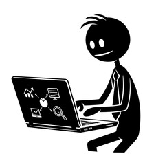 Cartoon Man Working on Laptop Computer.