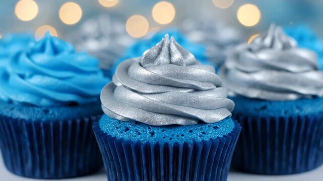 Panorama of blue cupcakes with metallic silver and blue frosting in neat rows. A sweet confectionery display for a festive party, boy's birthday or winter celebration