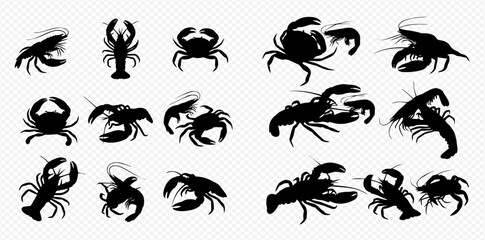 A collection of black silhouettes of various crabs and lobsters on a transparent background. © Akun