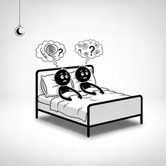 Couple Lying in Bed with Thought Bubbles.