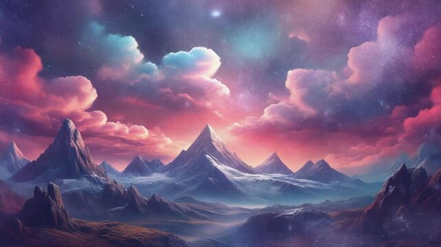 4K video of a stunning mountain landscape with vibrant pink and purple clouds at sunset