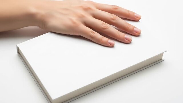 A fair-skinned hand rests on the cover of a closed, white book