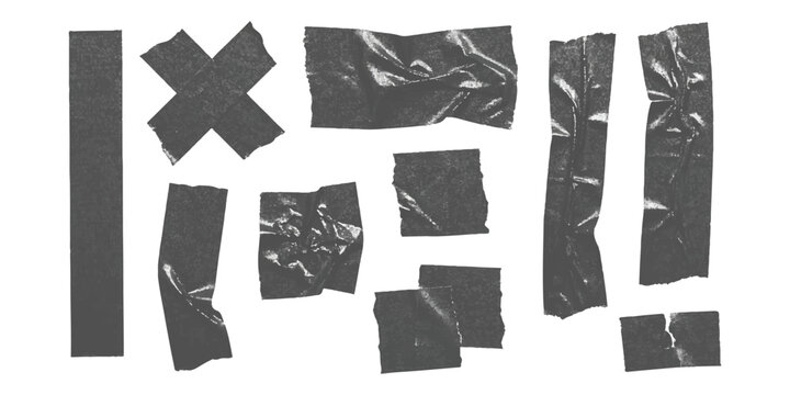 Collection of realistic grey duct tape pieces and strips with torn edges and textured surfaces for creative design elements