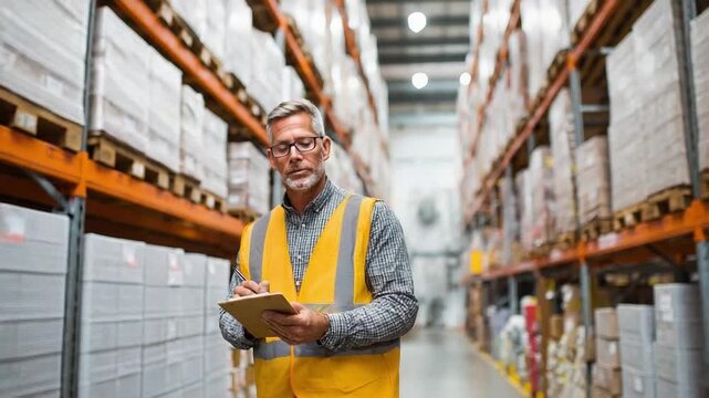 Warehouse manager checks inventory in a busy storage facility