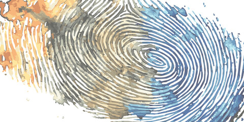 Abstract fingerprint with watercolor splashes and grunge texture, symbolizing identity and individuality, digital art