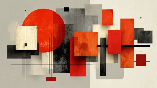 Modern minimalist geometric abstract composition with red circle and textured shapes.

