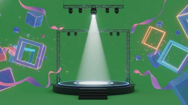 A vibrant stage setup with colorful geometric shapes illuminated by a dramatic spotlight creating an energetic concert atmosphere
