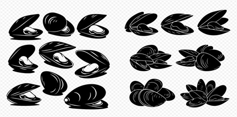 Set of black silhouette vector icons of fresh seafood mussels for restaurant menus. © Akun