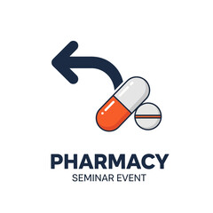 Innovative Pharmacy Seminar Event Logo Featuring Capsules and Directional Arrow Design Concept