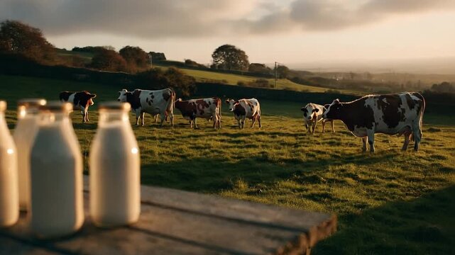 Bottles of milk on a wooden table with cows in the green field