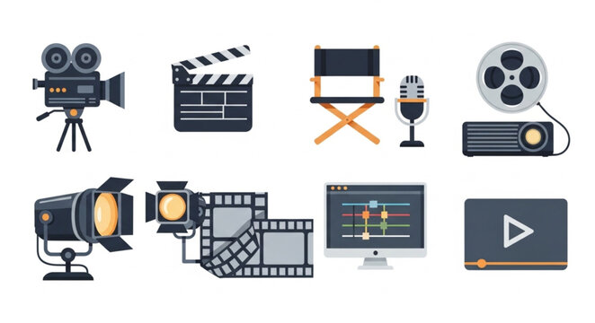 Collection of movie production and film making equipment icons.