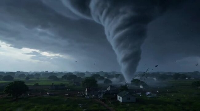 Tornado striking rural area with dark storm clouds in background  