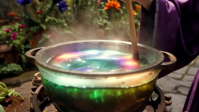 4K video of an old woman stirring a bubbling green potion in a garden