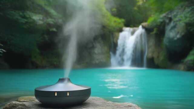 4K video of an essential oil diffuser in a serene natural setting