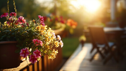 Fototapeta premium Low spring sun illuminating container flowers overlooking backyard patio golden hour lighting blooming plants seasonal garden wooden deck outdoor living space warm natural