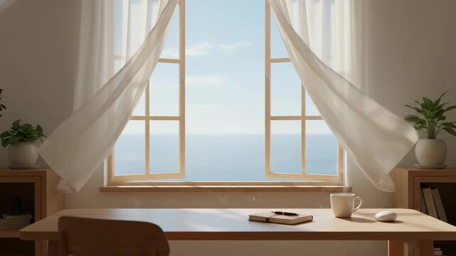 Sunlight streams through open windows with white curtains illuminating a cozy interior space featuring potted plants and a wooden surface creating a warm inviting atmosphere