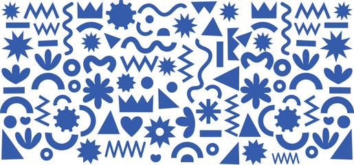 A vibrant collection of blue memphis style shapes and patterns on a white background © Pixel Go