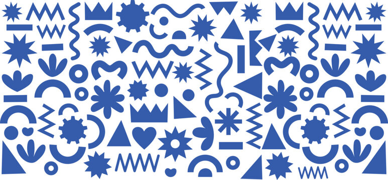 A vibrant collection of blue memphis style shapes and patterns on a white background