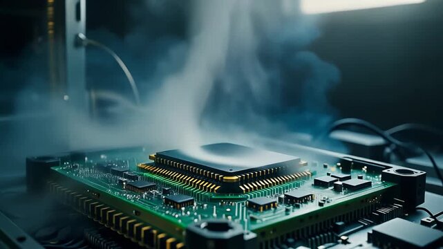 Close-up of a computer motherboard with a CPU emitting smoke in a dark environment viewed from a low angle
