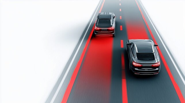 Top view of autonomous cars utilizing red lane keeping assist sensor zones.

