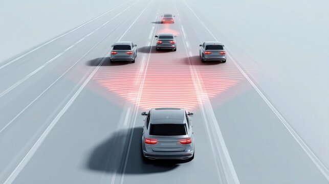 Self-driving car projecting red safety sensor field to detect vehicles ahead.
