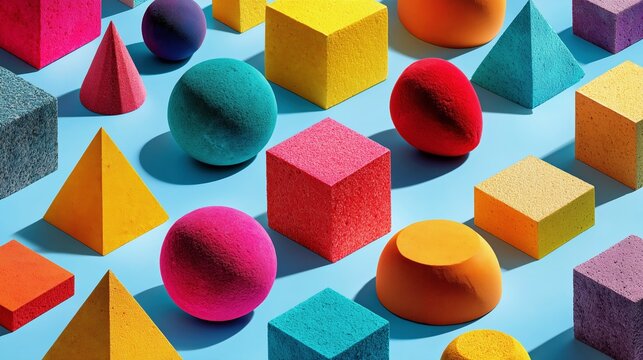 Colorful 3D textured geometric shapes casting shadows on light blue background.
