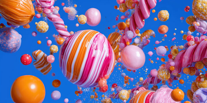 Colorful sweet candy spheres swirling on blue background