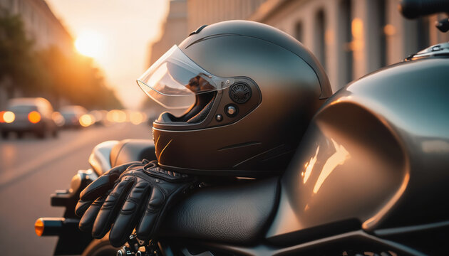 Motorcycle helmet and gloves resting on bike at sunset