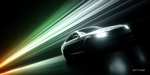 Obraz premium Fast black sports car speeding through dark tunnel with dynamic green light trails. 