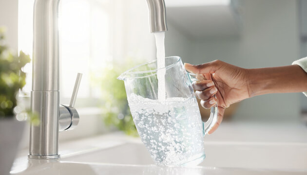 Hand filling pitcher with fresh water from kitchen faucet