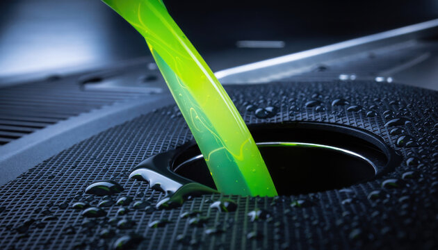 Pouring green coolant liquid into car engine radiator