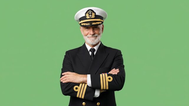 A distinguished captain in uniform stands confidently against a plain green background arms crossed embodying authority and maritime expertise a symbol of leadership and command
