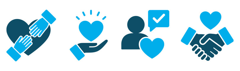 Obraz premium Trust and Care Icon Set, Flat Vector, Hands, Hearts, Handshake, User Approval Symbols, Representing Honesty, Compassion, Human Connection